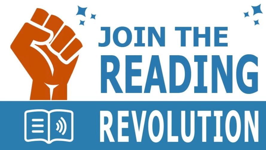 Join the Reading Revolution! Image shows a hand in a fist, with the EasyReader icon displayed below and AI 'sparkle' icons.
